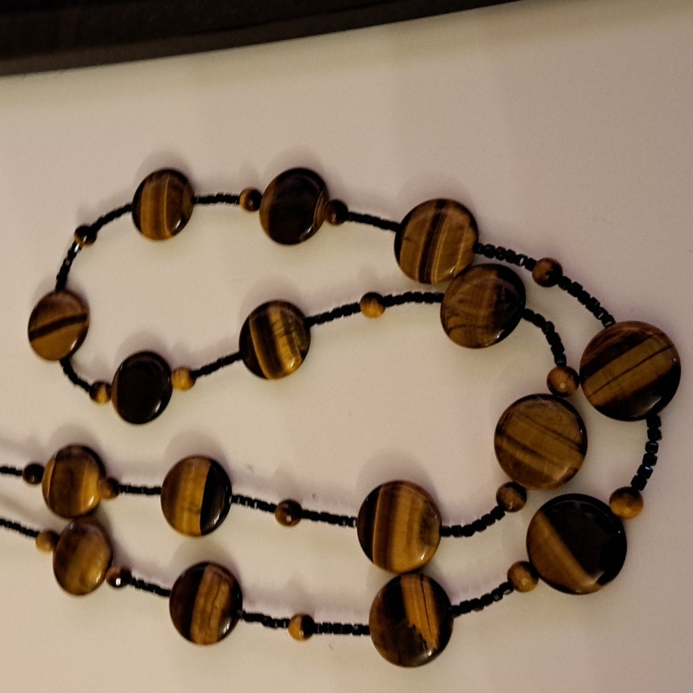 Tiger eye and black spinel neck l ace 38 inches long sterling clasp